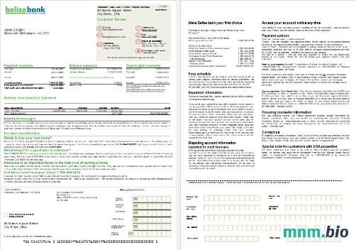 USA Belize Bank wyciąg z kredytu hipotecznego w formatach Word i PDF, 2 strony